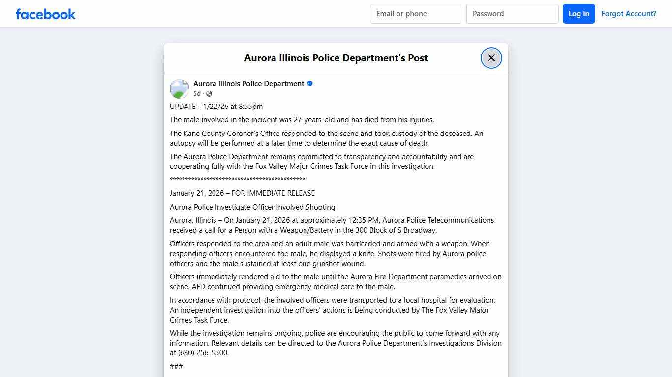 UPDATE - 1/22/26 at... - Aurora Illinois Police Department Facebook